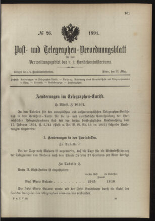 Post- und Telegraphen-Verordnungsblatt für das Verwaltungsgebiet des K.-K. Handelsministeriums 18910323 Seite: 1