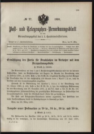 Post- und Telegraphen-Verordnungsblatt für das Verwaltungsgebiet des K.-K. Handelsministeriums 18910326 Seite: 1