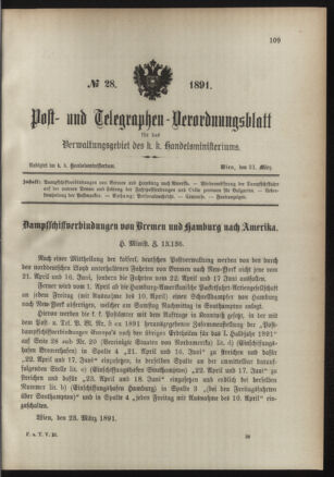 Post- und Telegraphen-Verordnungsblatt für das Verwaltungsgebiet des K.-K. Handelsministeriums 18910331 Seite: 1