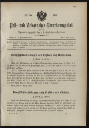 Post- und Telegraphen-Verordnungsblatt für das Verwaltungsgebiet des K.-K. Handelsministeriums 18910405 Seite: 1