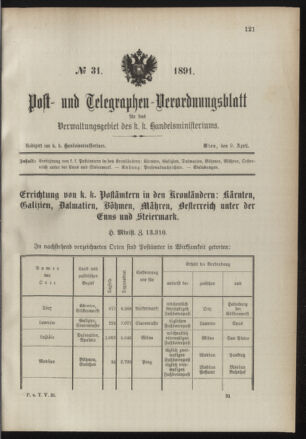 Post- und Telegraphen-Verordnungsblatt für das Verwaltungsgebiet des K.-K. Handelsministeriums 18910409 Seite: 1