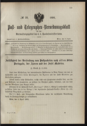 Post- und Telegraphen-Verordnungsblatt für das Verwaltungsgebiet des K.-K. Handelsministeriums 18910410 Seite: 1