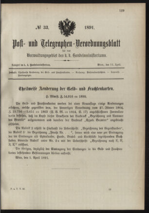 Post- und Telegraphen-Verordnungsblatt für das Verwaltungsgebiet des K.-K. Handelsministeriums 18910413 Seite: 1