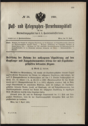 Post- und Telegraphen-Verordnungsblatt für das Verwaltungsgebiet des K.-K. Handelsministeriums 18910414 Seite: 1