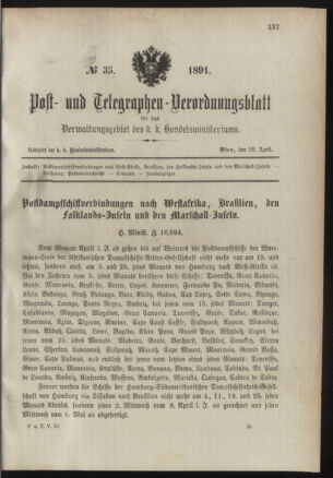 Post- und Telegraphen-Verordnungsblatt für das Verwaltungsgebiet des K.-K. Handelsministeriums 18910416 Seite: 1