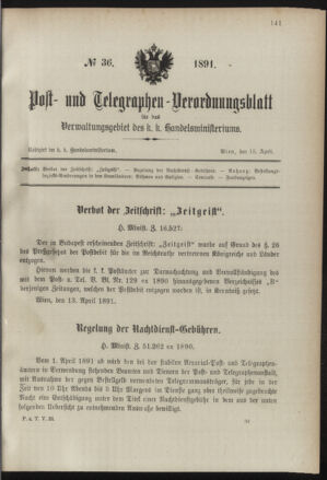 Post- und Telegraphen-Verordnungsblatt für das Verwaltungsgebiet des K.-K. Handelsministeriums 18910418 Seite: 1