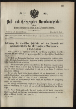 Post- und Telegraphen-Verordnungsblatt für das Verwaltungsgebiet des K.-K. Handelsministeriums 18910420 Seite: 1