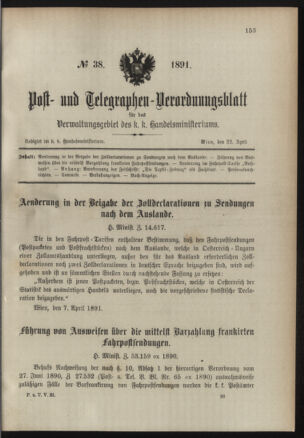 Post- und Telegraphen-Verordnungsblatt für das Verwaltungsgebiet des K.-K. Handelsministeriums 18910422 Seite: 1