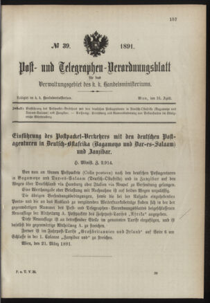 Post- und Telegraphen-Verordnungsblatt für das Verwaltungsgebiet des K.-K. Handelsministeriums 18910424 Seite: 1