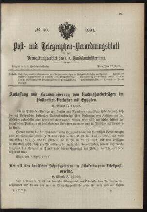 Post- und Telegraphen-Verordnungsblatt für das Verwaltungsgebiet des K.-K. Handelsministeriums 18910427 Seite: 1