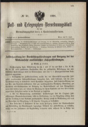 Post- und Telegraphen-Verordnungsblatt für das Verwaltungsgebiet des K.-K. Handelsministeriums 18910428 Seite: 1