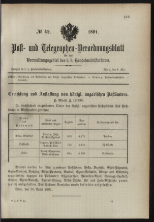 Post- und Telegraphen-Verordnungsblatt für das Verwaltungsgebiet des K.-K. Handelsministeriums 18910504 Seite: 1