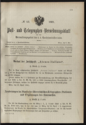 Post- und Telegraphen-Verordnungsblatt für das Verwaltungsgebiet des K.-K. Handelsministeriums 18910506 Seite: 1