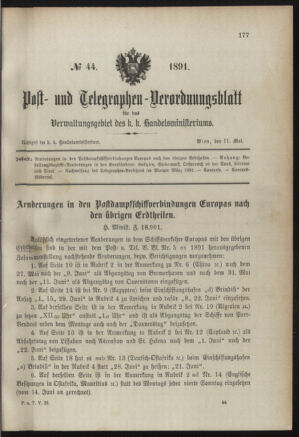 Post- und Telegraphen-Verordnungsblatt für das Verwaltungsgebiet des K.-K. Handelsministeriums 18910511 Seite: 1