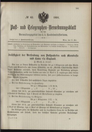 Post- und Telegraphen-Verordnungsblatt für das Verwaltungsgebiet des K.-K. Handelsministeriums 18910512 Seite: 1