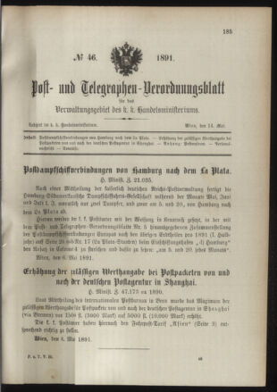 Post- und Telegraphen-Verordnungsblatt für das Verwaltungsgebiet des K.-K. Handelsministeriums 18910514 Seite: 1