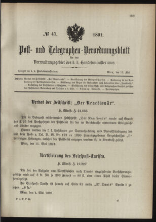 Post- und Telegraphen-Verordnungsblatt für das Verwaltungsgebiet des K.-K. Handelsministeriums 18910516 Seite: 1