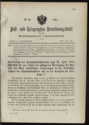 Post- und Telegraphen-Verordnungsblatt für das Verwaltungsgebiet des K.-K. Handelsministeriums 18910521 Seite: 1