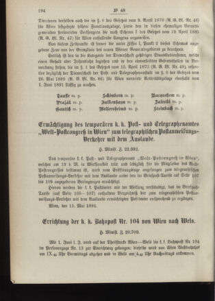 Post- und Telegraphen-Verordnungsblatt für das Verwaltungsgebiet des K.-K. Handelsministeriums 18910521 Seite: 2