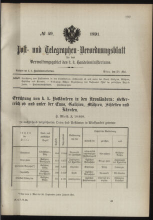 Post- und Telegraphen-Verordnungsblatt für das Verwaltungsgebiet des K.-K. Handelsministeriums 18910529 Seite: 1