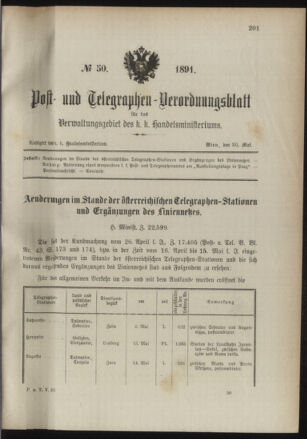 Post- und Telegraphen-Verordnungsblatt für das Verwaltungsgebiet des K.-K. Handelsministeriums 18910530 Seite: 1