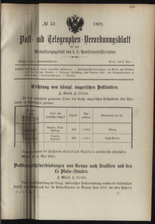 Post- und Telegraphen-Verordnungsblatt für das Verwaltungsgebiet des K.-K. Handelsministeriums 18910603 Seite: 1