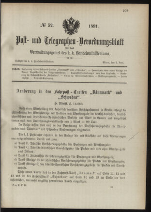 Post- und Telegraphen-Verordnungsblatt für das Verwaltungsgebiet des K.-K. Handelsministeriums 18910604 Seite: 1