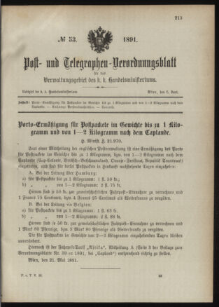 Post- und Telegraphen-Verordnungsblatt für das Verwaltungsgebiet des K.-K. Handelsministeriums 18910606 Seite: 1