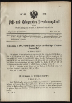 Post- und Telegraphen-Verordnungsblatt für das Verwaltungsgebiet des K.-K. Handelsministeriums 18910609 Seite: 1