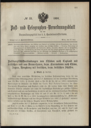 Post- und Telegraphen-Verordnungsblatt für das Verwaltungsgebiet des K.-K. Handelsministeriums 18910615 Seite: 1