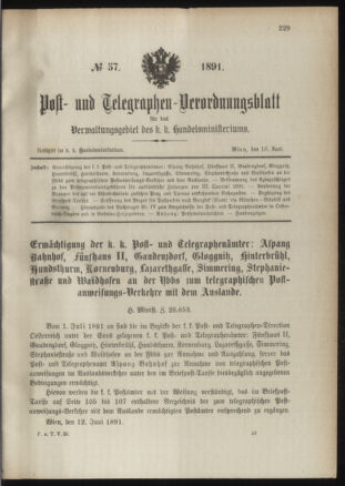 Post- und Telegraphen-Verordnungsblatt für das Verwaltungsgebiet des K.-K. Handelsministeriums 18910618 Seite: 1