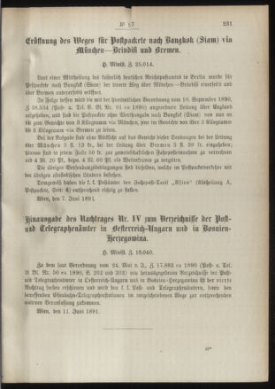 Post- und Telegraphen-Verordnungsblatt für das Verwaltungsgebiet des K.-K. Handelsministeriums 18910618 Seite: 3