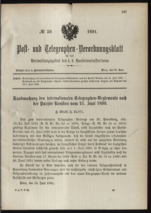 Post- und Telegraphen-Verordnungsblatt für das Verwaltungsgebiet des K.-K. Handelsministeriums 18910626 Seite: 1