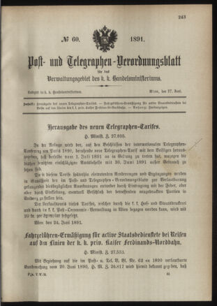 Post- und Telegraphen-Verordnungsblatt für das Verwaltungsgebiet des K.-K. Handelsministeriums 18910627 Seite: 1