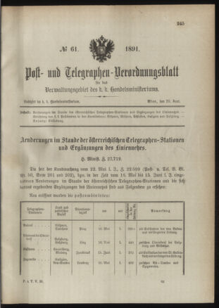 Post- und Telegraphen-Verordnungsblatt für das Verwaltungsgebiet des K.-K. Handelsministeriums 18910629 Seite: 1