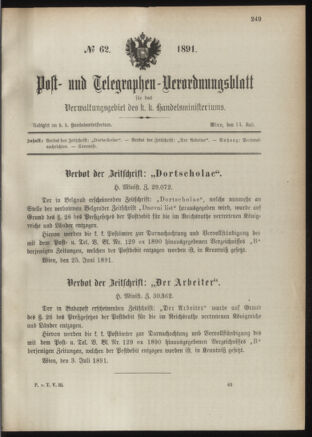 Post- und Telegraphen-Verordnungsblatt für das Verwaltungsgebiet des K.-K. Handelsministeriums 18910714 Seite: 1