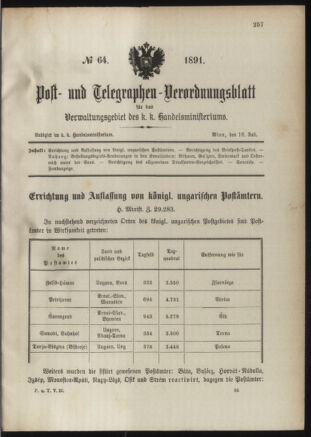 Post- und Telegraphen-Verordnungsblatt für das Verwaltungsgebiet des K.-K. Handelsministeriums 18910716 Seite: 1