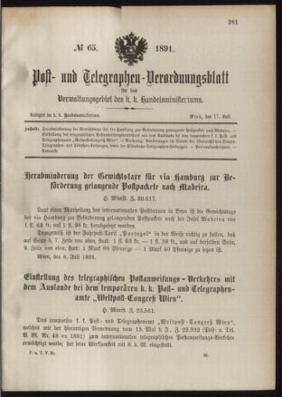 Post- und Telegraphen-Verordnungsblatt für das Verwaltungsgebiet des K.-K. Handelsministeriums 18910717 Seite: 1