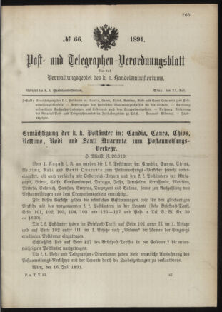 Post- und Telegraphen-Verordnungsblatt für das Verwaltungsgebiet des K.-K. Handelsministeriums 18910721 Seite: 1