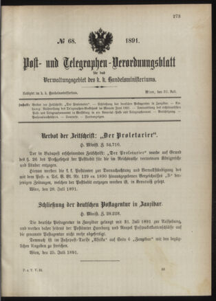 Post- und Telegraphen-Verordnungsblatt für das Verwaltungsgebiet des K.-K. Handelsministeriums 18910730 Seite: 1