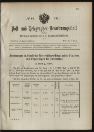 Post- und Telegraphen-Verordnungsblatt für das Verwaltungsgebiet des K.-K. Handelsministeriums 18910803 Seite: 1