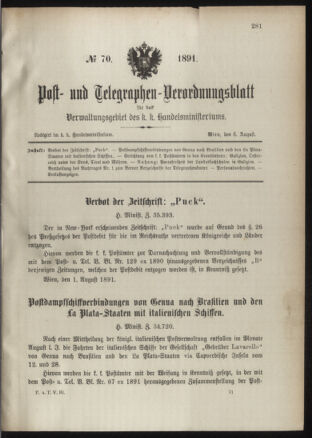 Post- und Telegraphen-Verordnungsblatt für das Verwaltungsgebiet des K.-K. Handelsministeriums 18910805 Seite: 1