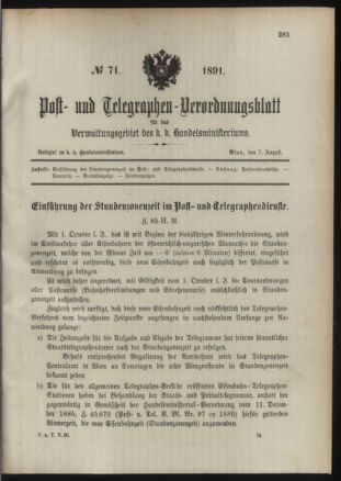 Post- und Telegraphen-Verordnungsblatt für das Verwaltungsgebiet des K.-K. Handelsministeriums 18910807 Seite: 1