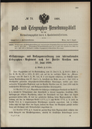 Post- und Telegraphen-Verordnungsblatt für das Verwaltungsgebiet des K.-K. Handelsministeriums 18910809 Seite: 1