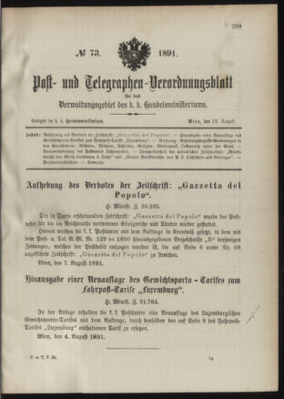 Post- und Telegraphen-Verordnungsblatt für das Verwaltungsgebiet des K.-K. Handelsministeriums 18910812 Seite: 1