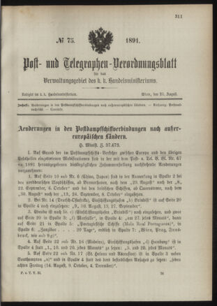 Post- und Telegraphen-Verordnungsblatt für das Verwaltungsgebiet des K.-K. Handelsministeriums 18910820 Seite: 1