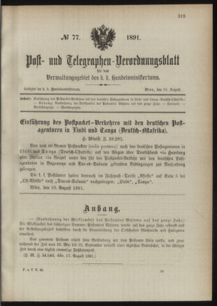 Post- und Telegraphen-Verordnungsblatt für das Verwaltungsgebiet des K.-K. Handelsministeriums 18910824 Seite: 1