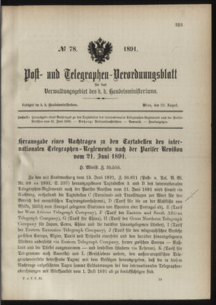 Post- und Telegraphen-Verordnungsblatt für das Verwaltungsgebiet des K.-K. Handelsministeriums 18910829 Seite: 1