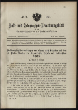 Post- und Telegraphen-Verordnungsblatt für das Verwaltungsgebiet des K.-K. Handelsministeriums 18910902 Seite: 1