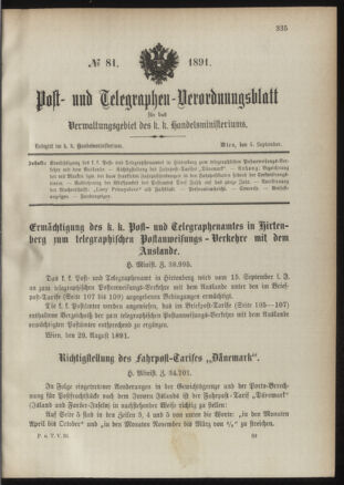 Post- und Telegraphen-Verordnungsblatt für das Verwaltungsgebiet des K.-K. Handelsministeriums 18910904 Seite: 1